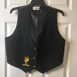90s Looney Tunes Black Suede Leather Cowboy Tweedy Bird Western Vest Size M/L